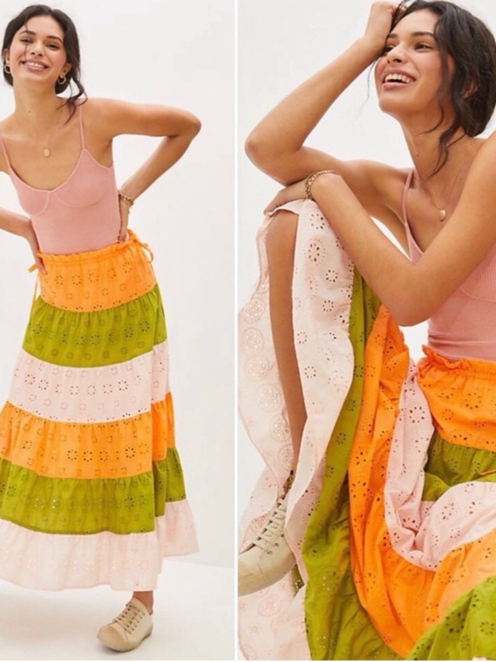 Hutch Eyelet Tiered Maxi Skirt in Pink, Orange & Green, Small